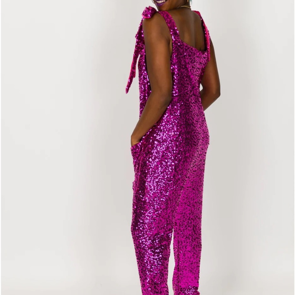 bright pink sequin party jumpsuit